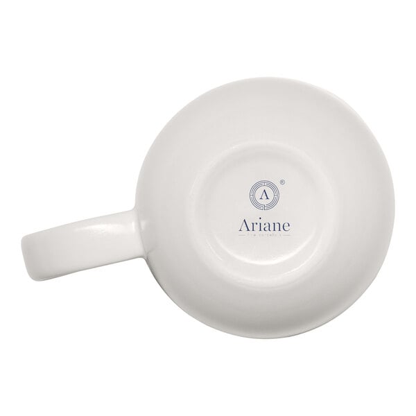 A white porcelain mug with a handle, viewed from the bottom, displaying the Ariane brand logo.