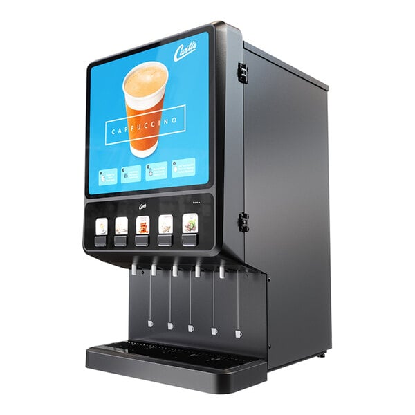A commercial cappuccino dispenser with five hoppers and a digital display.