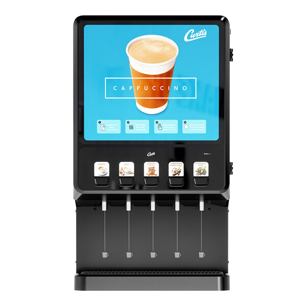 A commercial cappuccino dispenser machine with five selection buttons and a large display screen.