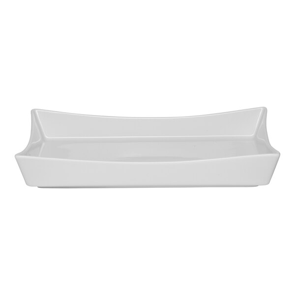 A rectangular ivory porcelain platter with raised rims.