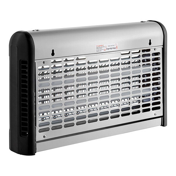 A stainless steel indoor LED insect trap and bug zapper with black side panels.