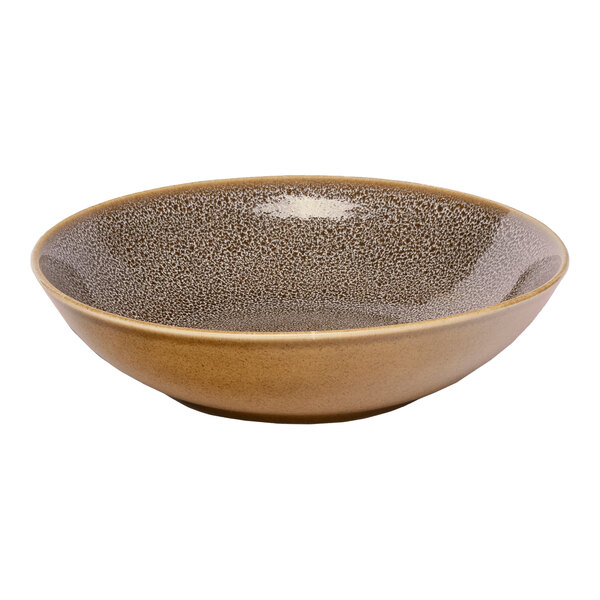 A round, brown porcelain coupe deep plate with a speckled interior.