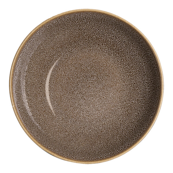 A round brown porcelain coupe deep plate with a speckled pattern.