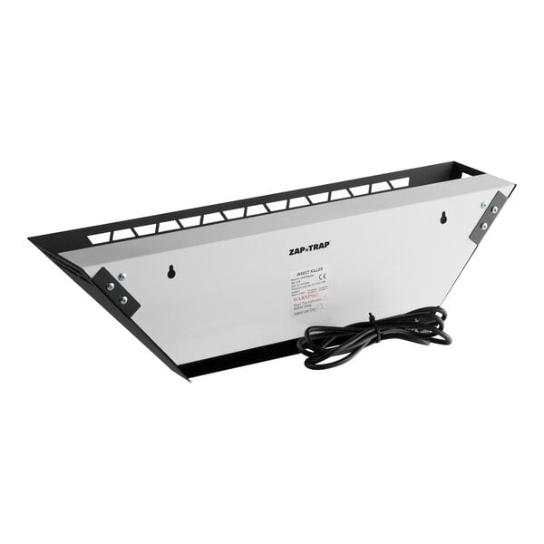 A black metal trapezoidal wall sconce LED insect light trap with a power cord.