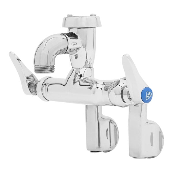 A silver faucet with a blue knob.