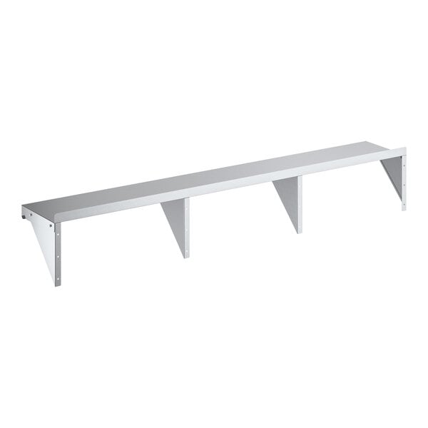 A long, wall-mounted shelf made of galvanized steel with four supporting brackets.