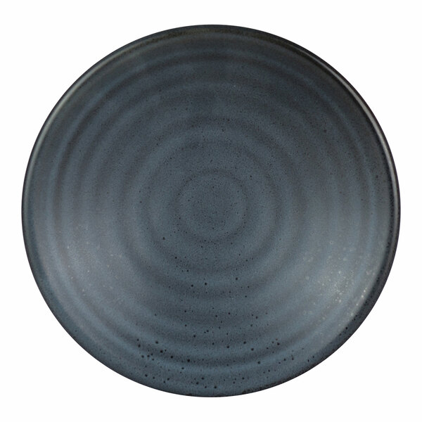 A round, dark gray porcelain coupe plate with a subtle concentric circle pattern.