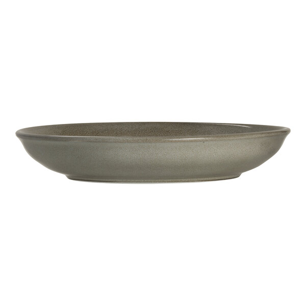 A round, gray porcelain bowl with a wide rim and shallow depth.