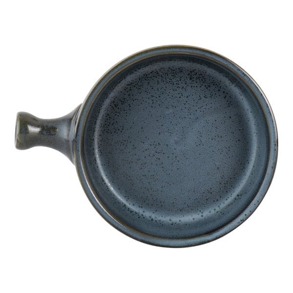 A round, blue-gray porcelain serving tray with a handle.