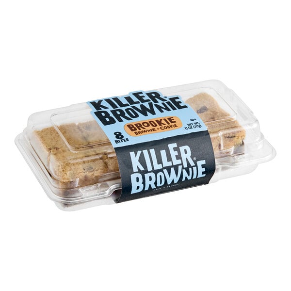 A plastic container of Killer Brownie Brookie Brownie Bites, containing 8 pieces.