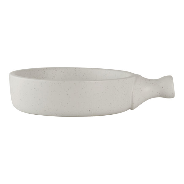A round white porcelain serving tray with a handle.