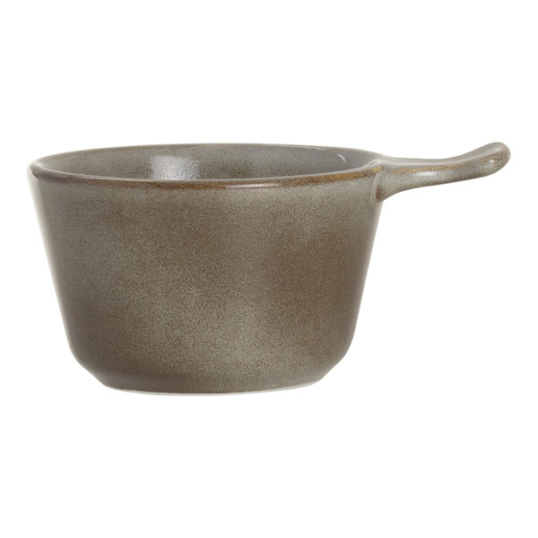 A brown porcelain bowl with a handle.