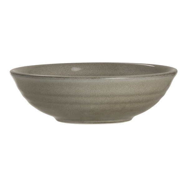 A round, gray porcelain deep bowl with a smooth finish.