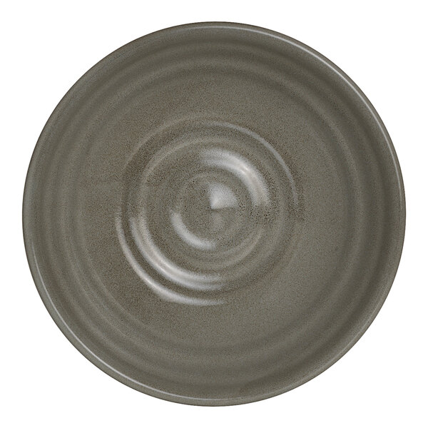 A round, gray porcelain deep bowl with a subtle textured pattern.