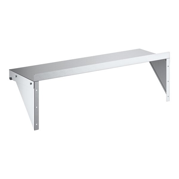 A wall-mounted shelf made of galvanized steel with a simple, rectangular design and two supporting brackets.