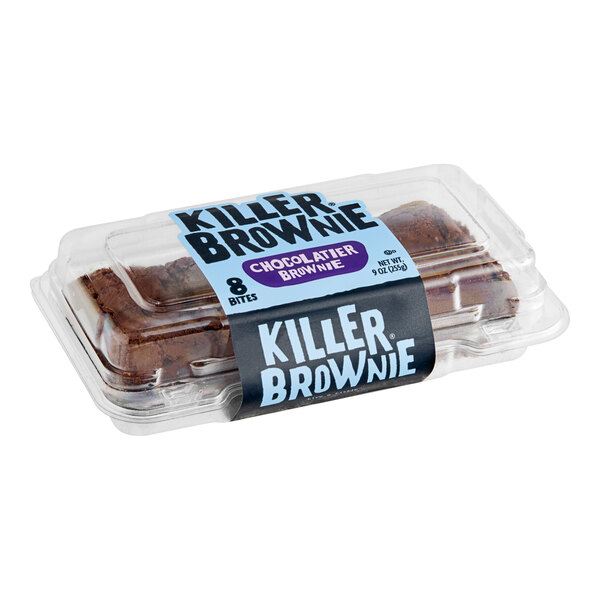 A clear plastic container holding eight Killer Brownie Chocolatier Brownie Bites.