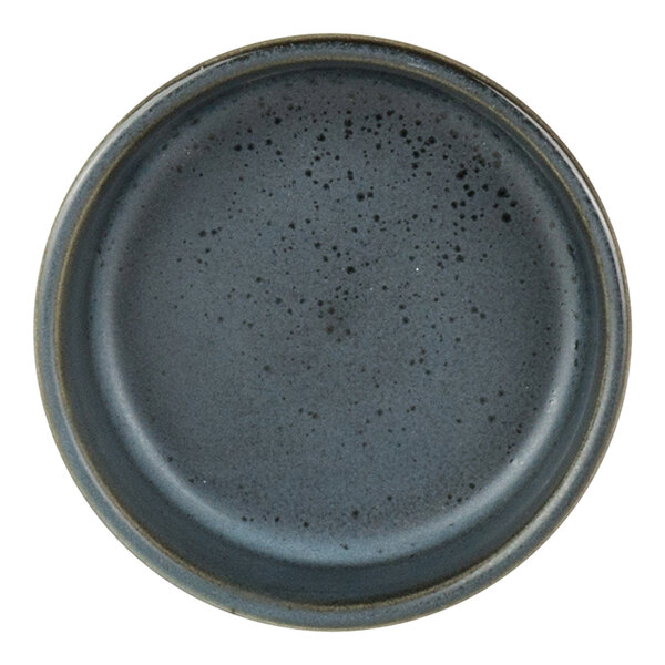 A round, dark gray porcelain ramekin or condiment tray with a speckled finish.