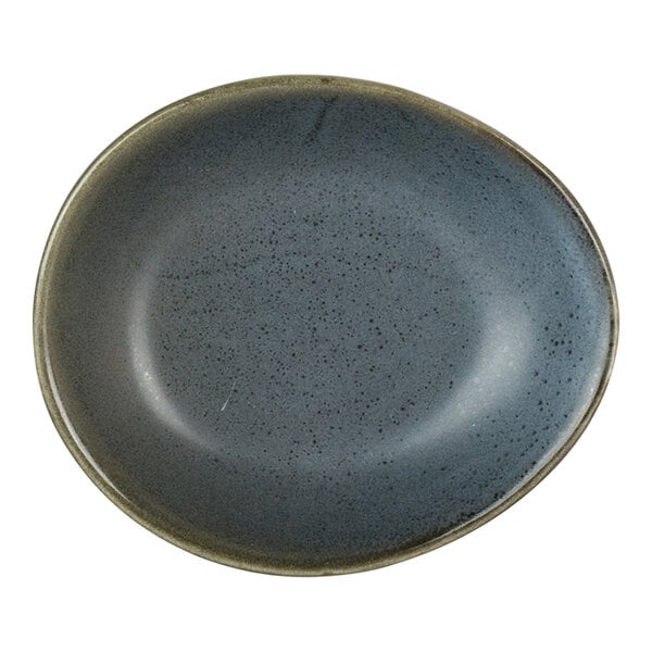 A small, round, dark gray porcelain oil dish with a slightly irregular shape.