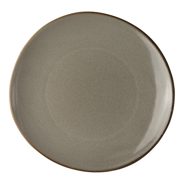 A round, gray porcelain coupe plate.