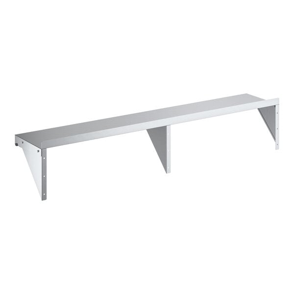 A long, wall-mounted shelf made of galvanized steel with three supporting brackets.
