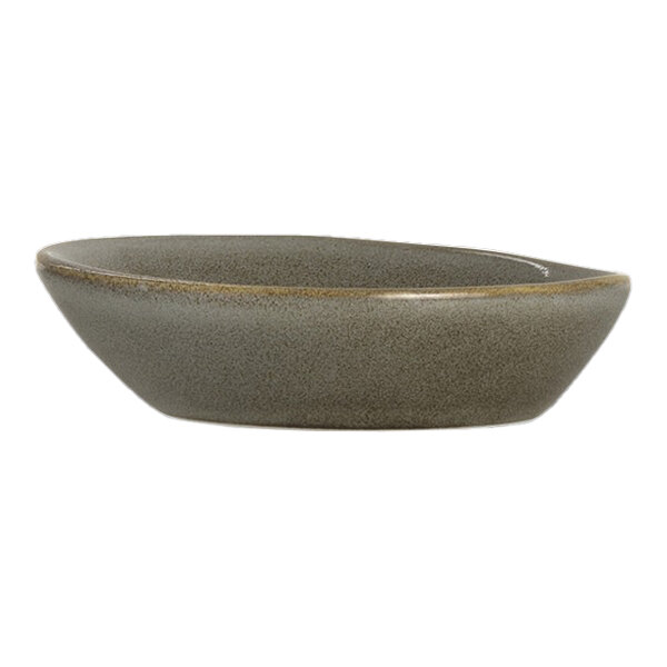 A small, round, gray porcelain oil dish.