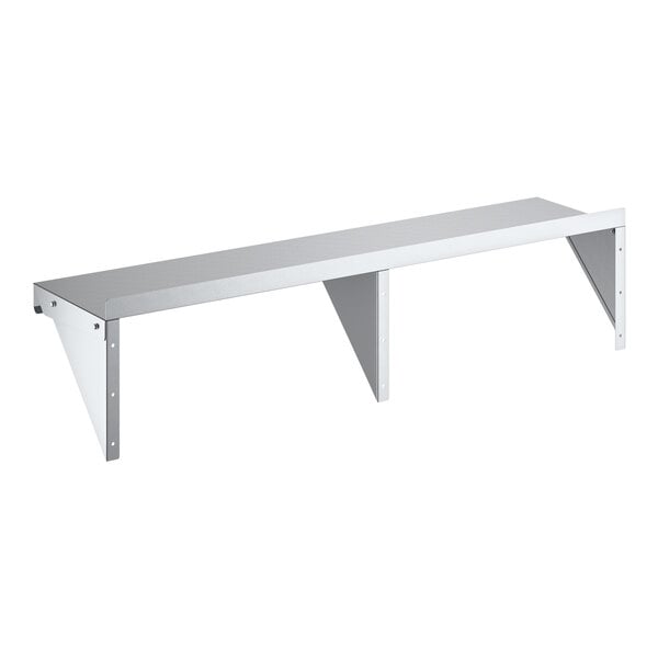 A wall-mounted shelf made of galvanized steel with three supporting brackets.