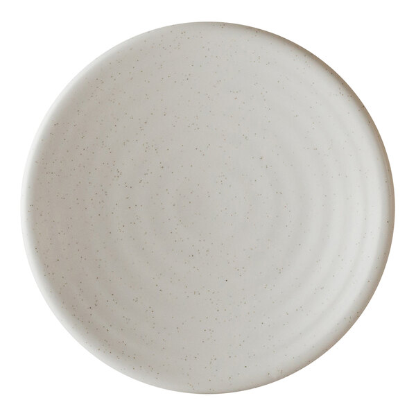 A small round porcelain coupe plate with a subtle speckled design.