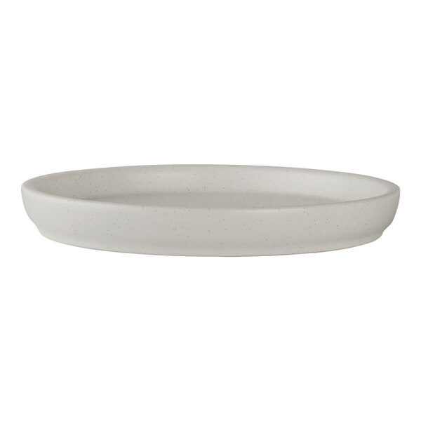 A round, white porcelain serving tray with slightly raised edges.