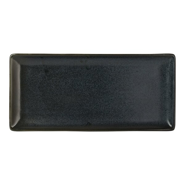 A rectangular dark-colored porcelain serving tray.
