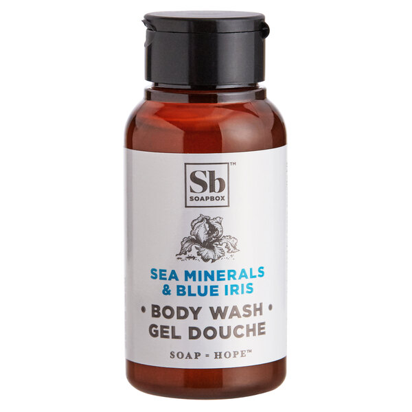 A small bottle of Soapbox Sea Minerals and Blue Iris body wash.