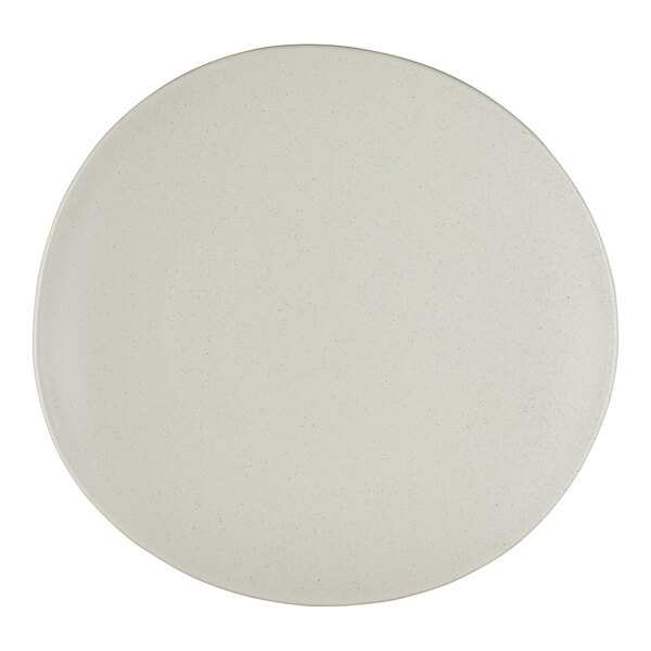 A round, off-white porcelain coupe plate with a smooth finish.