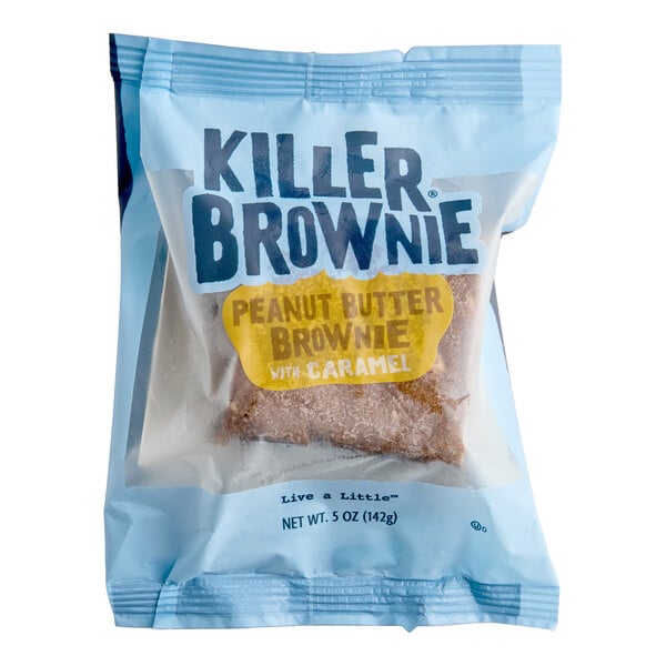 A packaged peanut butter brownie with caramel from Killer Brownie, individually wrapped in a blue bag.
