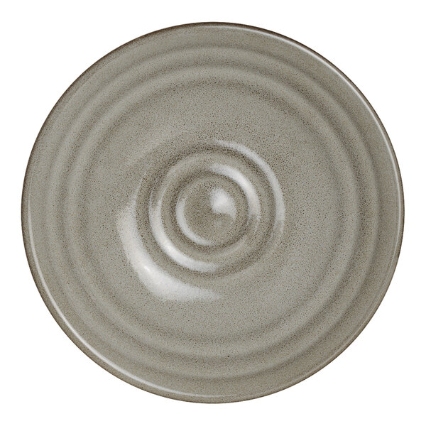 A round, gray porcelain coupe plate with a subtle concentric circle design.
