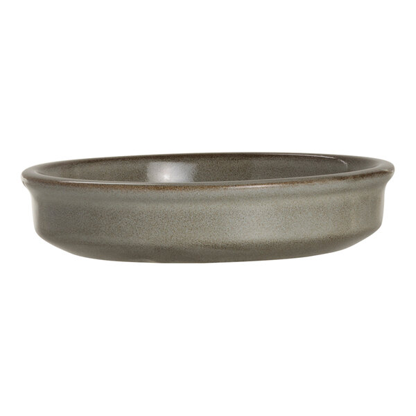 A round, gray porcelain deep serving tray with a smooth finish.