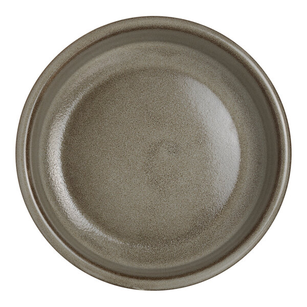 A round, gray porcelain deep serving tray.