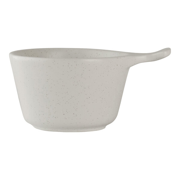 A white porcelain bowl with a handle, designed to hold 9 ounces.