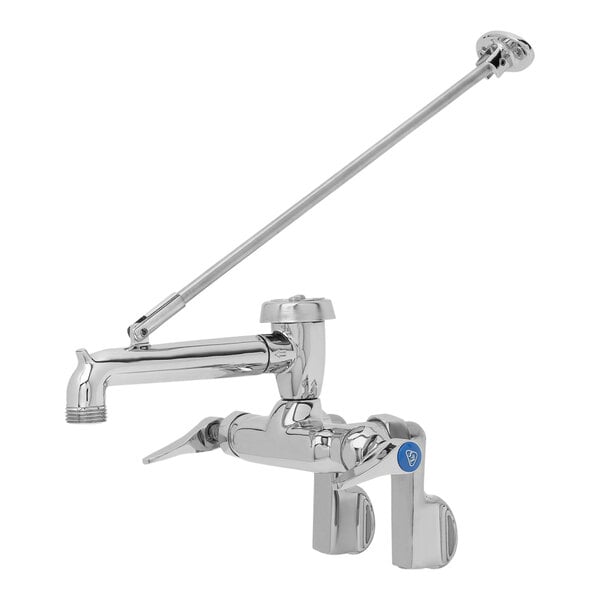 A silver T&S polished chrome service sink faucet with long handles.