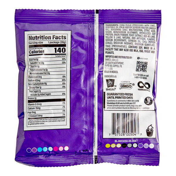 A small purple bag of Takis Fuego Rolled Tortilla Chips with nutrition facts and ingredients listed on the back.