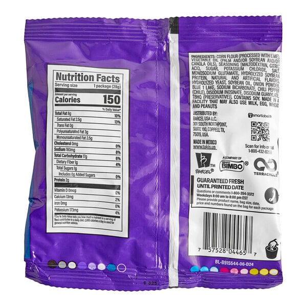 A bag of Takis Blue Heat Rolled Tortilla Chips with nutrition facts and ingredients listed on the back.