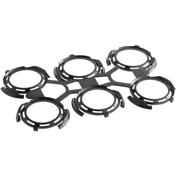 A black HDPE plastic 6-pack can carrier designed to hold six beverage cans together.