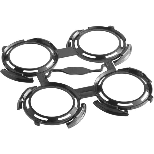 A black plastic 4-pack can carrier designed to hold and transport four beverage cans.