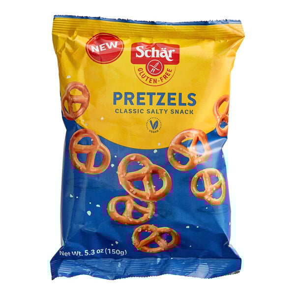 A 5.3 oz bag of Schar gluten-free pretzels.