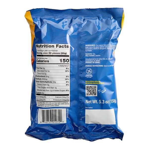 A 5.3 oz. bag of Schar gluten-free pretzels with nutrition facts and ingredients listed on the back.