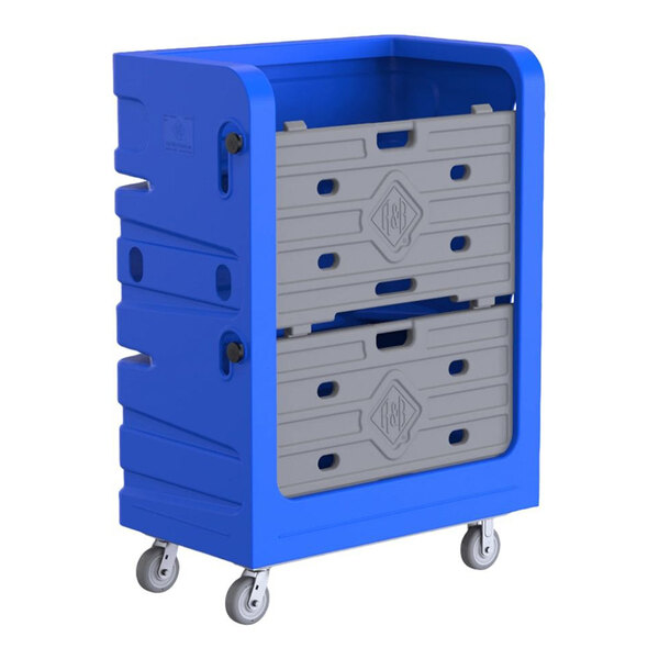 A blue heavy-duty polypropylene turnabout truck with two gray panels and four caster wheels.