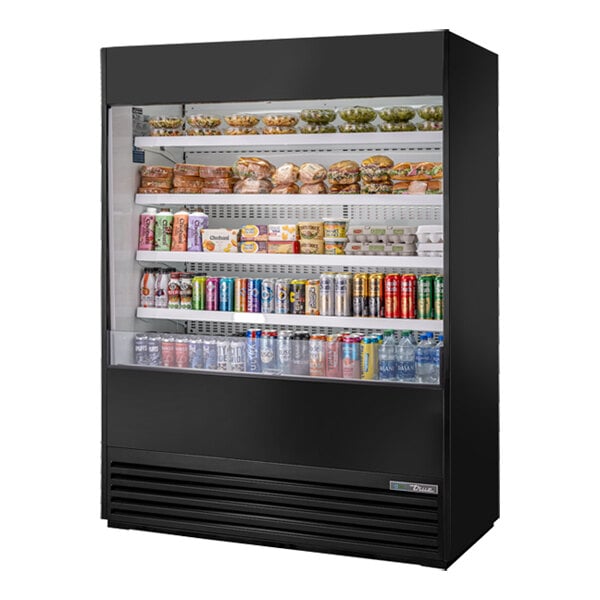 A 60-inch refrigerated air curtain merchandiser filled with assorted food and beverage items.