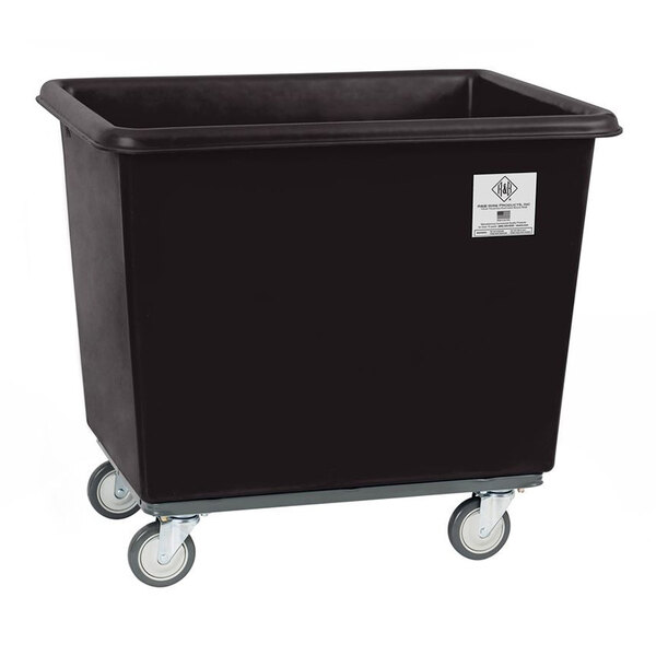 A large black heavy-duty polypropylene utility truck with four caster wheels.
