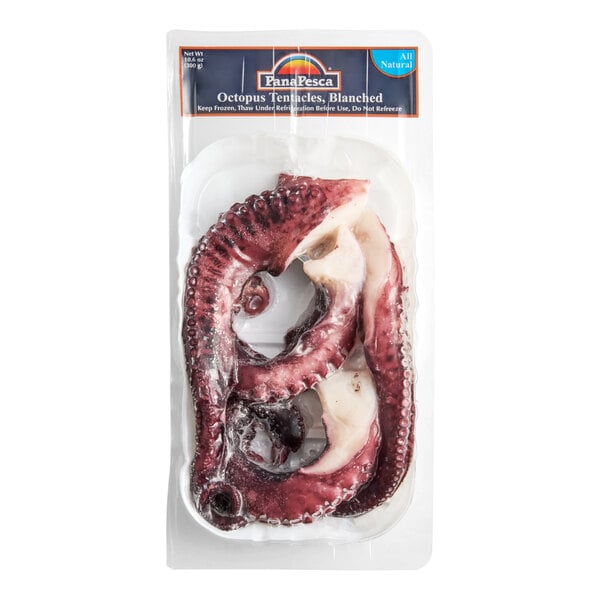A vacuum-sealed package of PanaPesca blanched skin-on octopus tentacles.