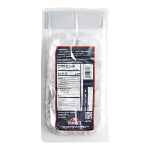 A vacuum-sealed package of PanaPesca blanched skin-on octopus tentacles.