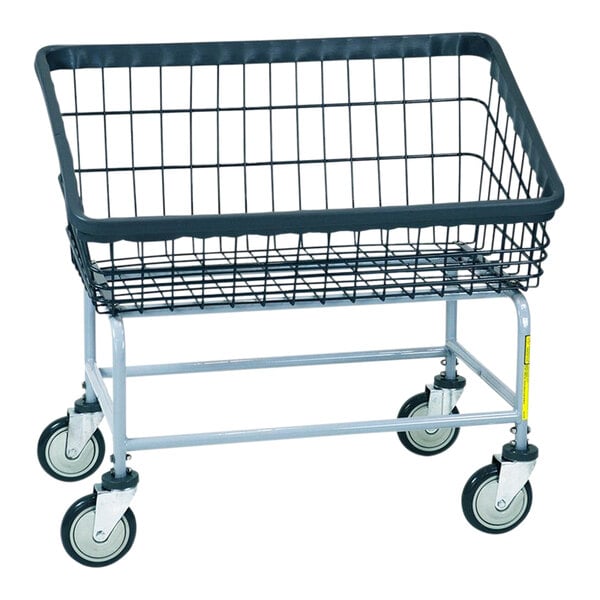 A large wire laundry cart with a rectangular basket and four swivel caster wheels.