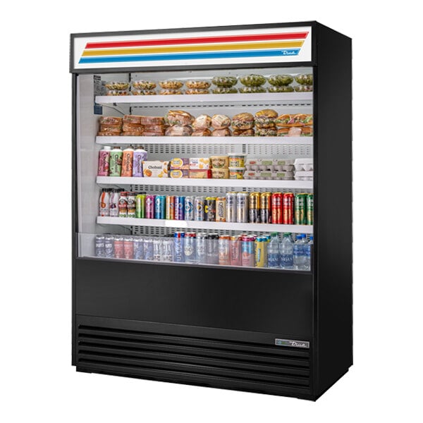 A 60-inch refrigerated air curtain merchandiser with a sign panel, stocked with various food and beverage items.